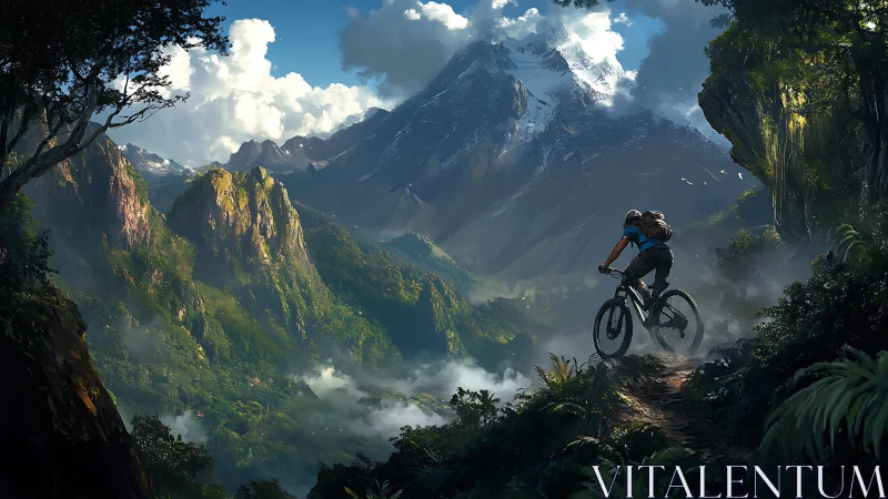Mountain biker descends misty valley trail under dramatic alpine peak