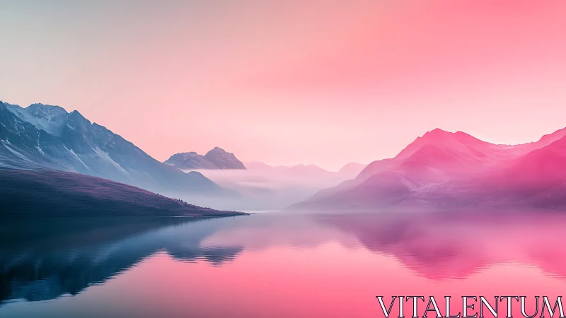 Soft sunrise over pastel mountains and mirrored lake.