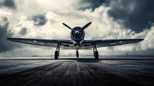 Low-angle frontal study of single-prop warbird on wet runway surface