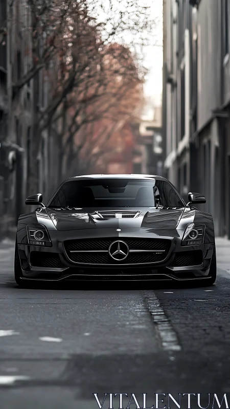 Black Mercedes sports car stands centered in narrow city street