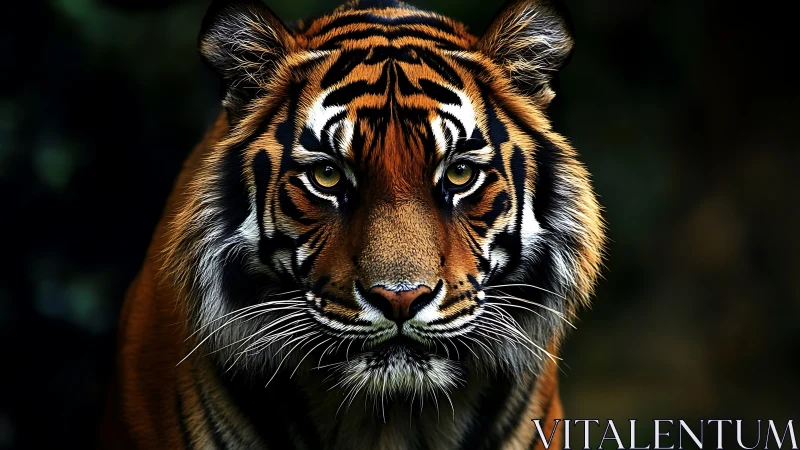 Tiger portrait with sharp focus and dark blurred background.