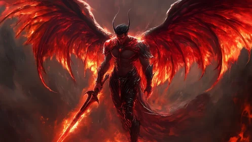 Infernal winged warrior with flaming sword in lava haze.
