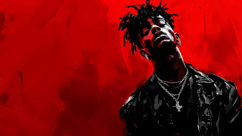 Brooding hip hop portrait against raw crimson backdrop.