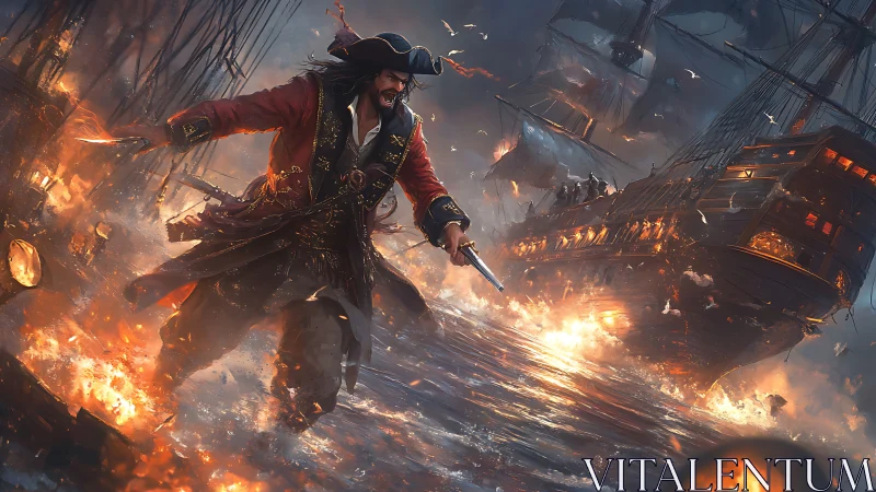 Pirate captain storms burning warship amid sea battle.