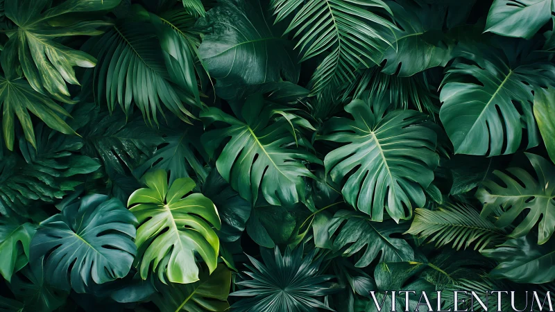 Lush jungle leaves whispering in layered emerald hush.