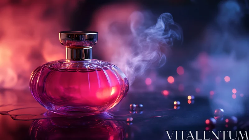 Velvet twilight perfume bottle glowing in soft dreamy mist.