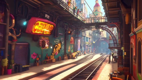 Vibrant urban rail corridor in stylized digital cityscape.