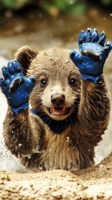 Bear cub splashes in shallow water wearing blue gloves