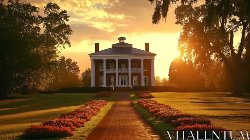 Photorealistic neoclassical mansion in golden hour symmetry.