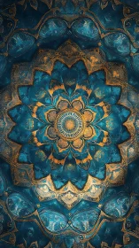 Radial teal-gold mandala with fractal floral tessellation geometry.