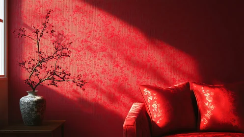 Red interior with vase, sofa cushions and window light.
