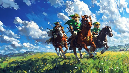 Galloping heroes racing beneath a wild painted sky.