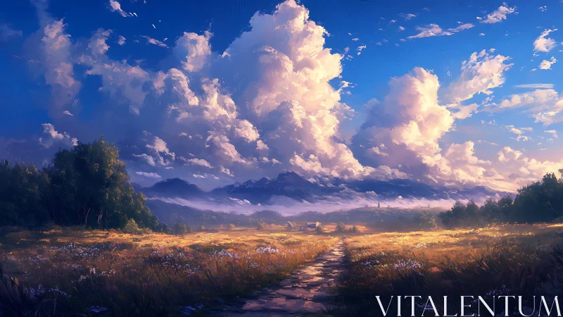 Dirt path through sunlit meadow under towering clouds.