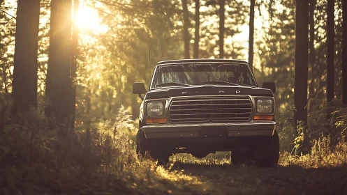 Sunlit forest drive with a classic Ford truck at rest.