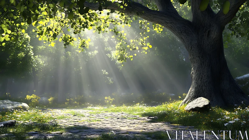 Sunlit forest clearing with large tree and stone path.