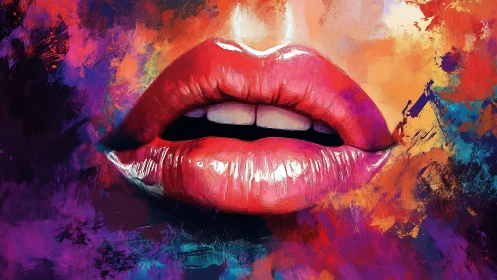 Vibrant glossy lips emerge from a storm of neon color splashes