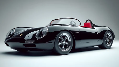 Sleek black roadster with red interior on neutral studio set.