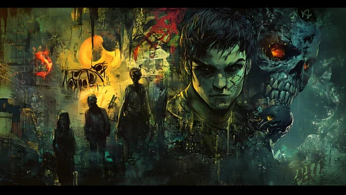 Neo-noir antihero confronts spectral skull in fractured cityscape