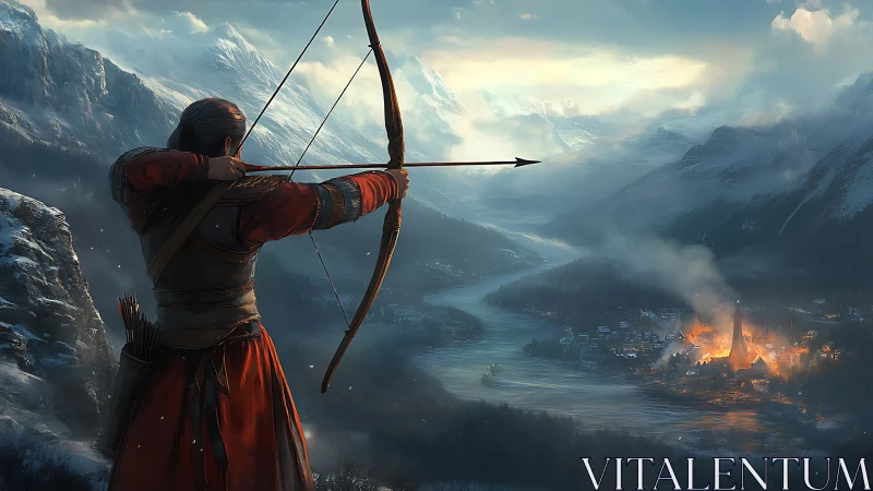 Lone archer takes aim above a burning valley village.