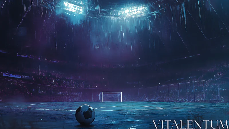 Rain-soaked floodlit stadium frames solitary soccer ball at center