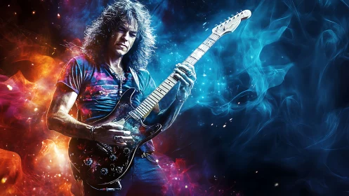 Electric guitarist solo with fiery blue and orange energy.