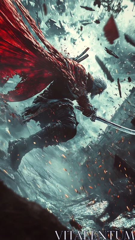 Stormborne swordsman carving sparks through falling ruin.