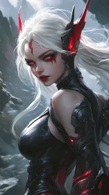 Crimson-eyed cyber-demon huntress in biomech armor portrait.