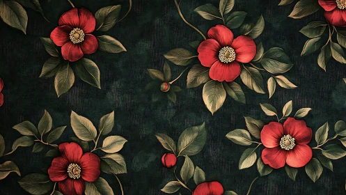 Botanical Pattern with Red Flowers on Dark Background