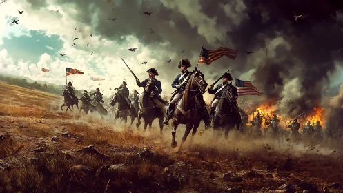 Digitally composited cavalry charge in turbulent battlefield atmospherics.