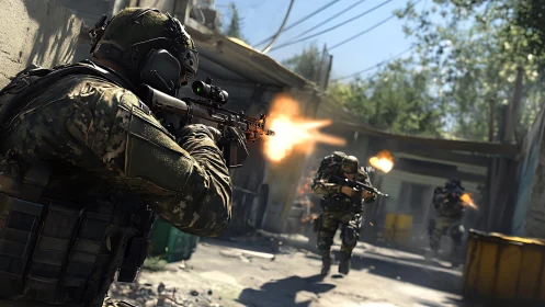 Soldiers engage in coordinated rifle fire in narrow alleyway