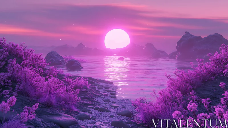 Spectral magenta shoreline under hyper-luminous digital sunset.