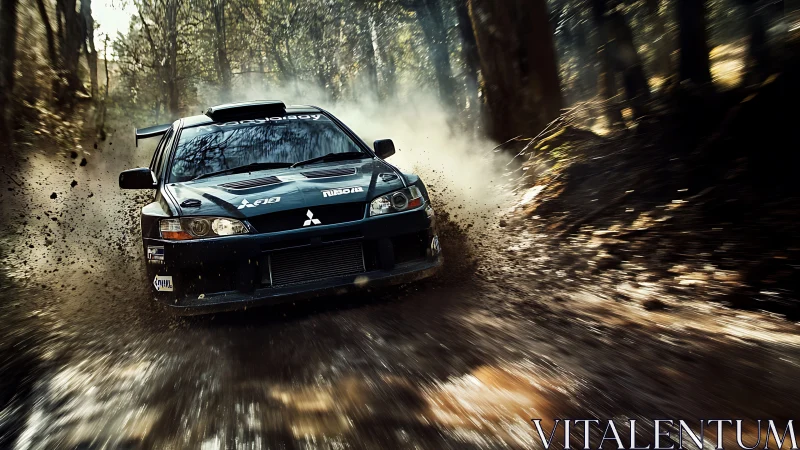 Rally car powers through forest dirt with explosive speed.