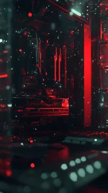 Liquid-cooled gaming PC interior under red LED glow.