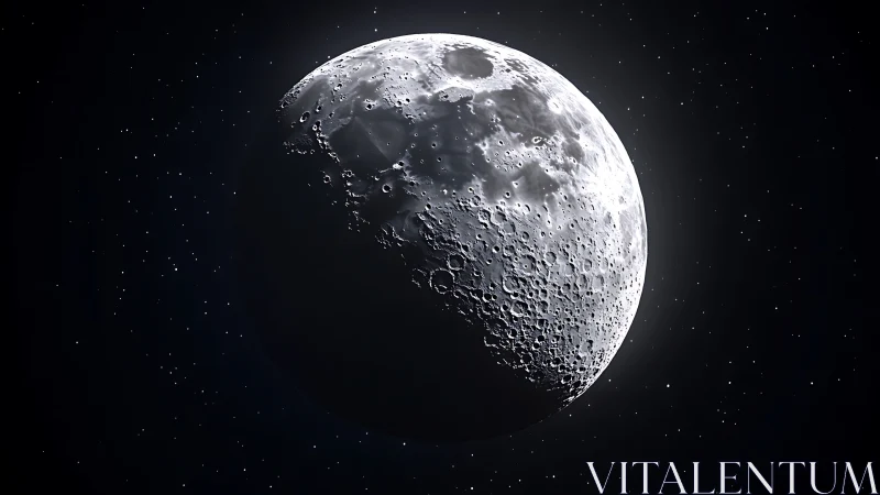 Lunar surface close view with craters in partial illumination.