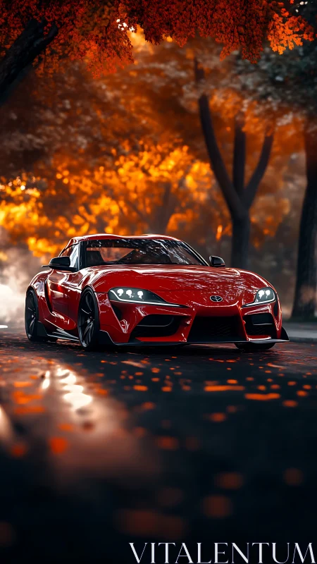 Photorealistic red sports car under cinematic autumn canopy.