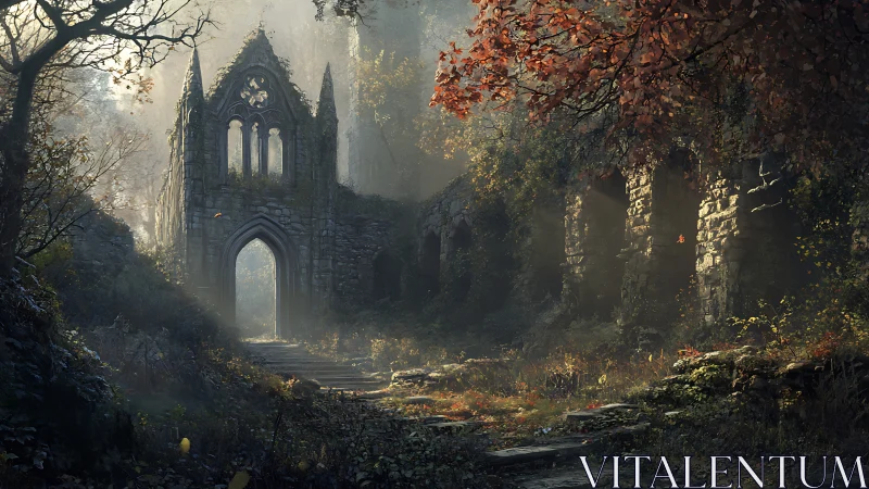 Mist-kissed abbey ruins cradled by autumn&rsquo;s quiet bloom.