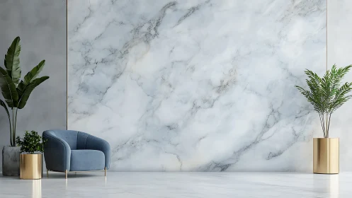 Marble dream wall with blue velvet chair and golden greens.