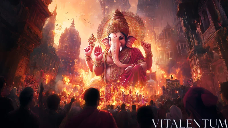 Colossal Ganesha deity dominates infernal ceremonial cityscape