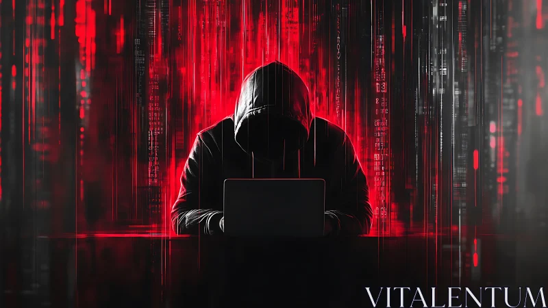 Hooded laptop user sits before red digital code matrix