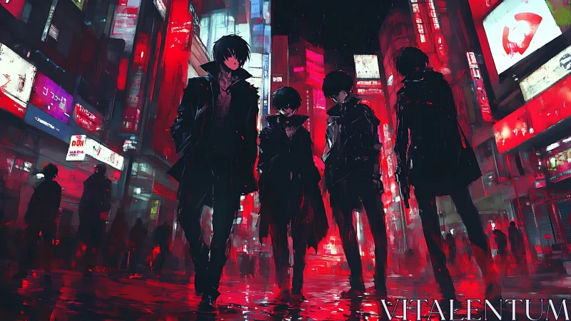 Four hooded figures walking through neon red city street.