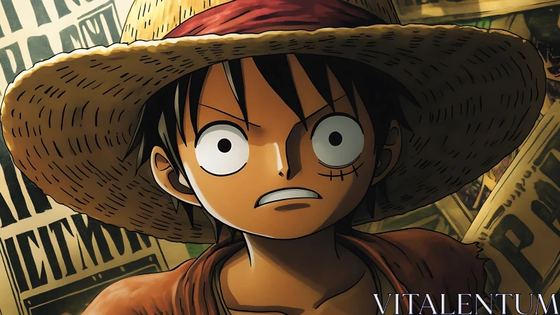 Wide-eyed straw-hat rebel glaring through bounty posters.