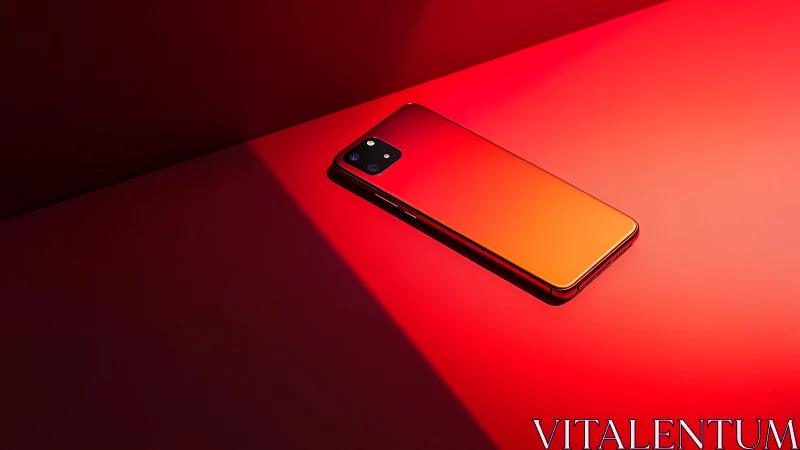 Red smartphone lies on angular red surface under hard light