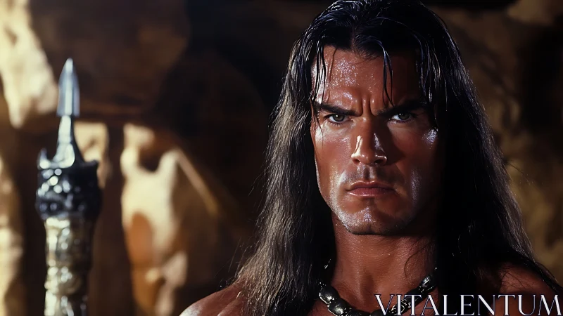 Warrior portrait with intense gaze in rocky cavern.