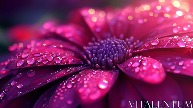 Macro floral with dew drops under vibrant magenta illumination.