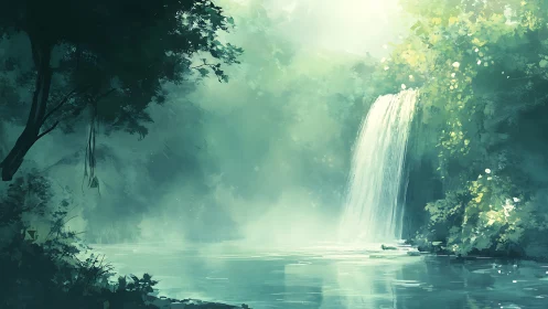 Serene Waterfall Sanctuary in Glowing Forest Light