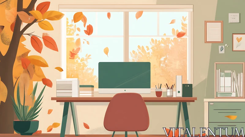 Illustrated home workspace with computer and autumn window view.