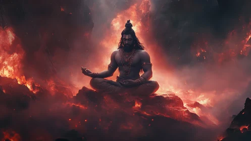 Meditative deity figure seated amid glowing volcanic lava.