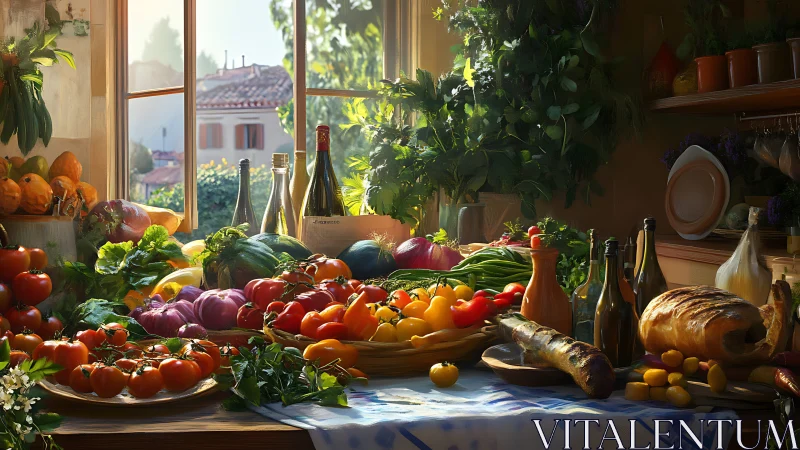Sunlit kitchen table overflowing with garden-fresh abundance.