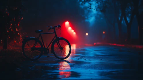 Bicycle silhouette under red-blue neon ambient illumination in urban environment