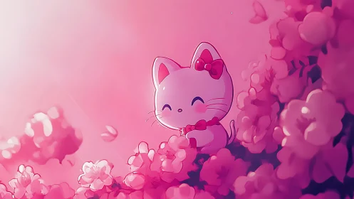 Chibi white cat character in pink bokeh cherry blossom environment